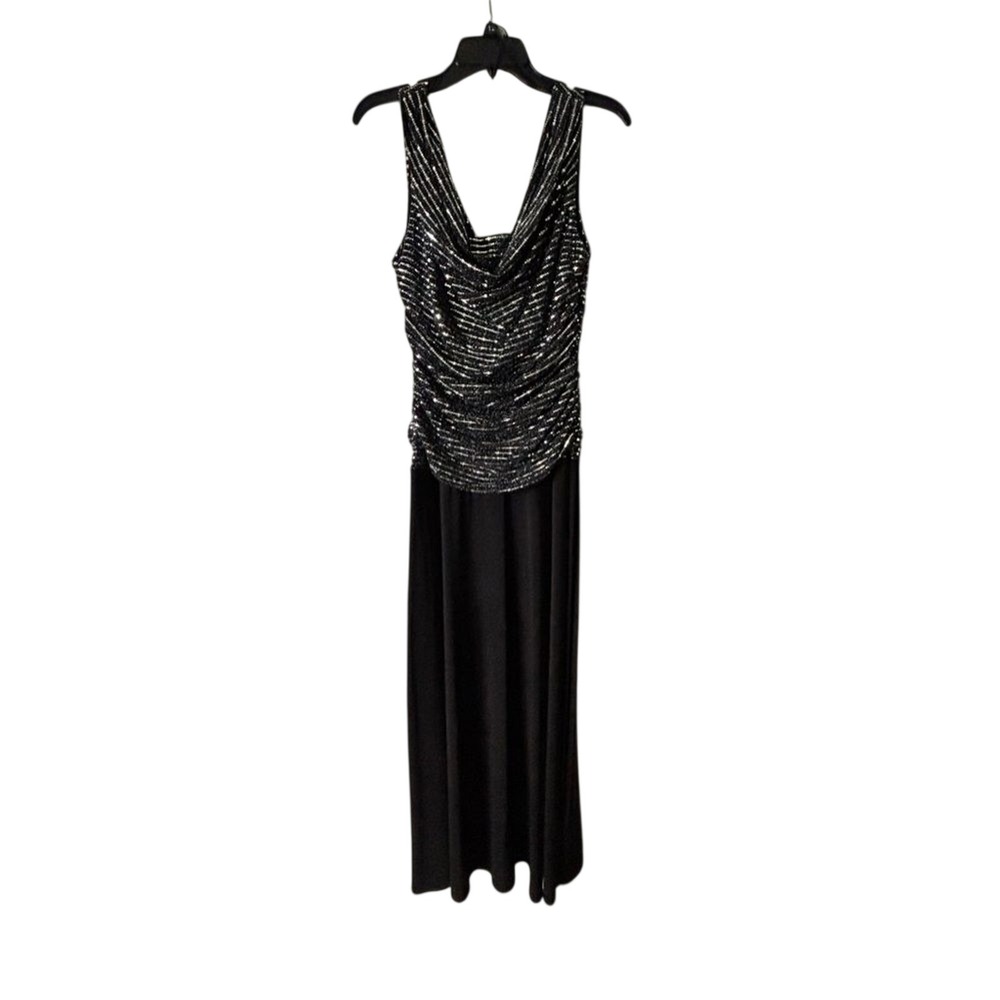 NWT R&M Richards Sequin Draped Maxi Dress Women's Size 12 Black Formal